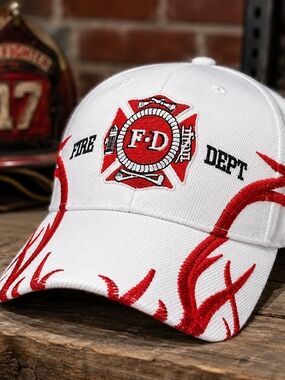White Fire Dept Embroidered Cap with Red Flame Accent